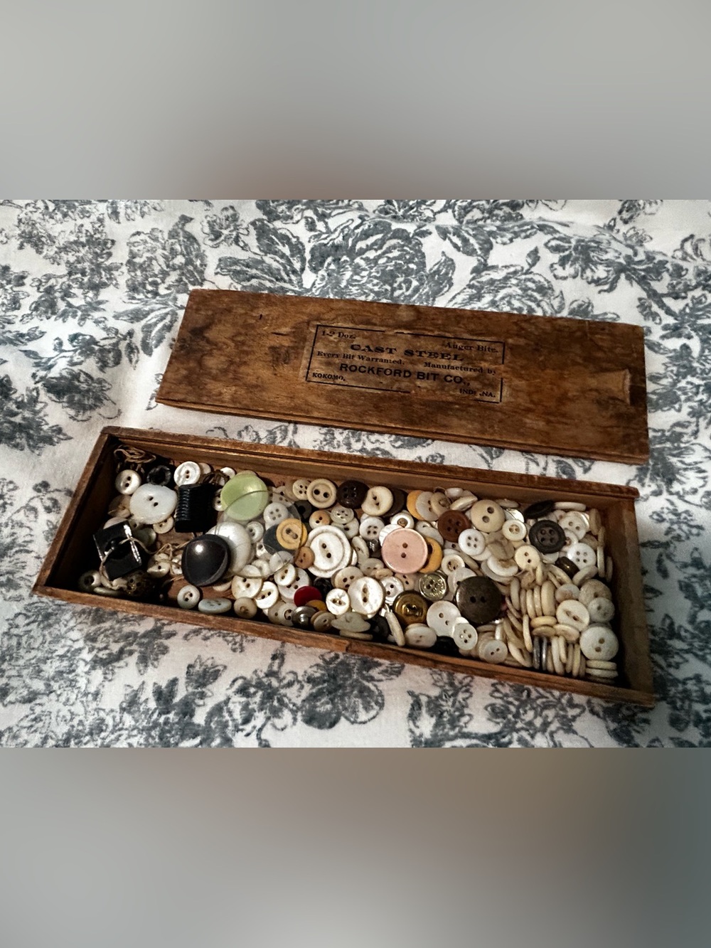 Wooden Storage Box with vintage natural elements buttons
